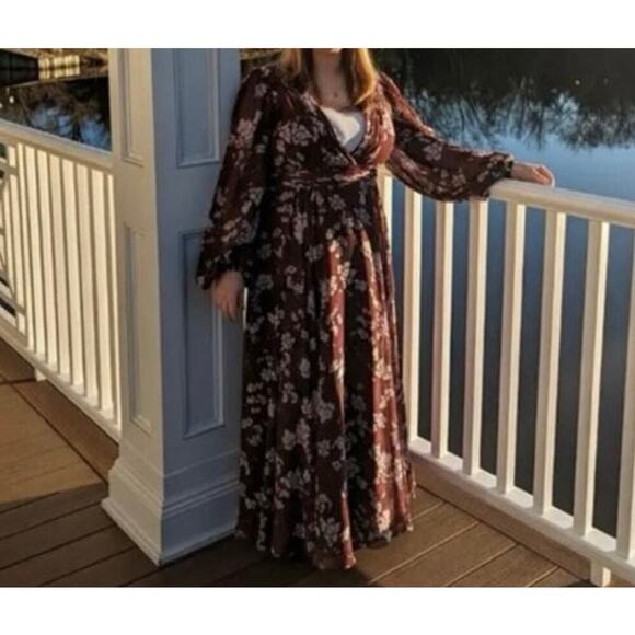 Mac Duggal Floral Chiffon Bishop Sleeves Gown Dress Burgundy Size 0 NWT - Picture 6 of 13